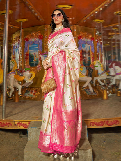 Rajwada Off White Silk Blend Woven Saree With Unstitched Blouse For Women
