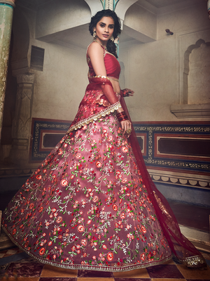 Rajwada Women Peach Embroidered Art Silk Semi Stitched Lehenga With Unstitched Blouse