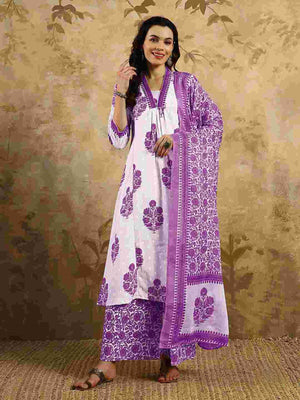 Rajwada Off White Cotton Blend Printed Stitched Kurta Set For Women