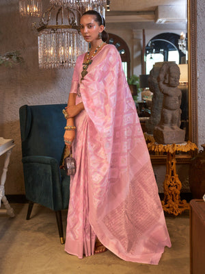 Rajwada Pink Linen Woven Saree With Unstitched Blouse for Women