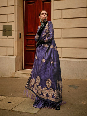 Rajwada Navy Blue Satin Woven Saree With Unstitched Blouse For Women