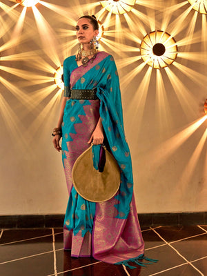 Rajwada Teal Silk Blend Woven Saree With Unstitched Blouse For Women