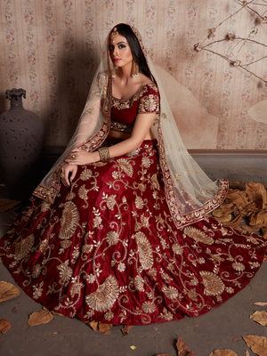 Rajwada Women Maroon Embroidered Semi Stitched Lehenga With Unstitched Blouse
