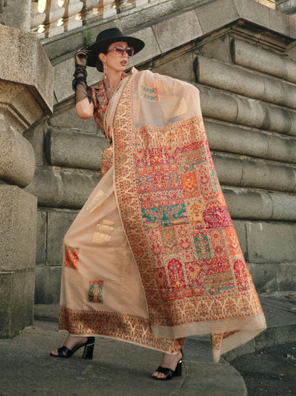 Rajwada Off White Modal Woven Saree With Unstitched Blouse For Women