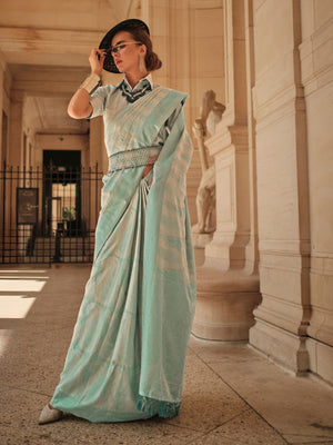 Rajwada Sea Green Silk Blend Woven Saree With Unstitched Blouse For Women