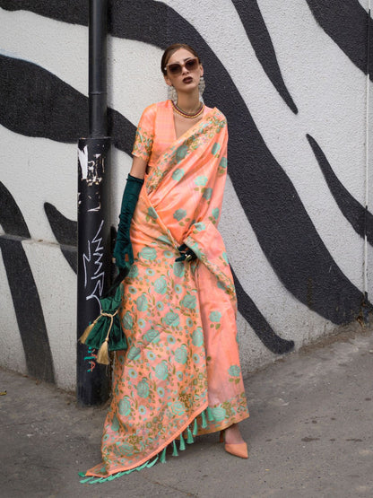Rajwada Orange Silk Blend Woven Saree With Unstitched Blouse For Women