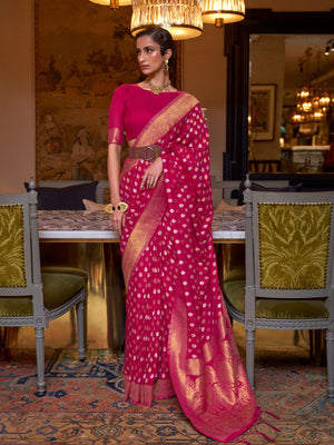 Rajwada Pink Silk Blend Woven Saree With Unstitched Blouse for Women