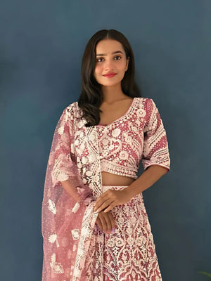 Rajwada Pink Net Embellished Semi-Stitched lehenga For Women