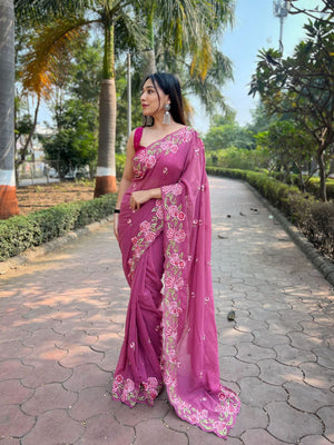 Rajwada Pink Organza Embroidered Saree With Unstitched Blouse For Women