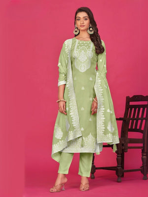 Rajwada Light Green Organza Embroidered Semi-Stitched Kurta Set For Women