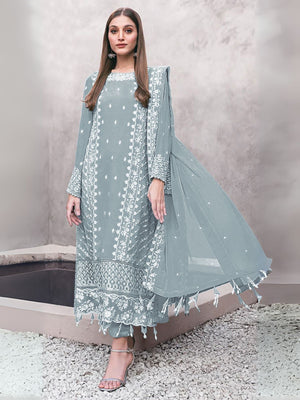 Rajwada Grey Georgette Embroidered Semi-Stitched Kurta Set For Women