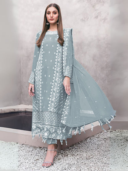 Rajwada Grey Georgette Embroidered Semi-Stitched Kurta Set For Women
