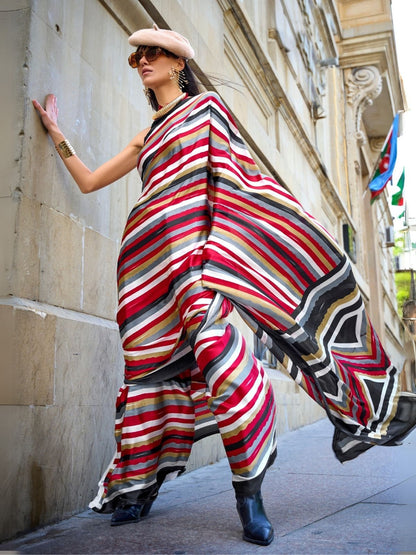 Rajwada Multicolor Satin Printed Saree With Unstitched Blouse For Women