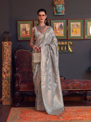 Rajwada Grey Silk Blend Woven Saree With Unstitched Blouse For Women