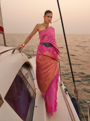 Rajwada Pink Satin Woven Saree With Unstitched Blouse for Women