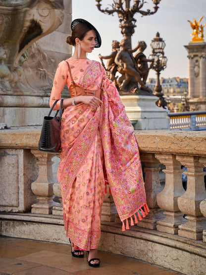 Rajwada Peach Organza Woven Saree With Unstitched Blouse For Women