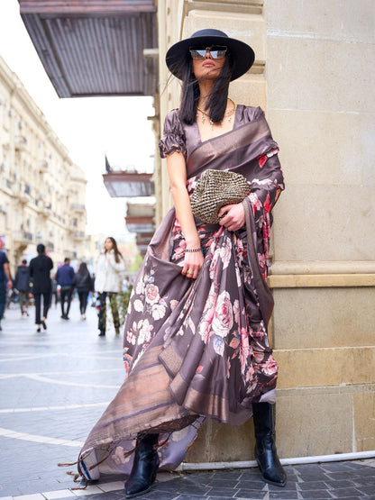 Rajwada Mauve Silk Blend Printed Saree With Unstitched Blouse For Women