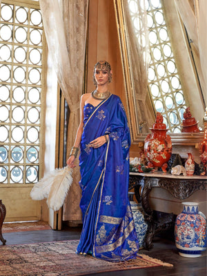 Rajwada Blue Silk Blend Woven Saree With Unstitched Blouse For Women