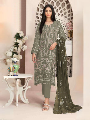 Rajwada Olive Georgette Embroidered Semi-Stitched Kurta Set For Women
