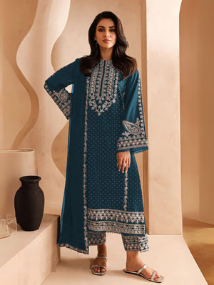 Rajwada Teal Georgette Embroidered Semi-Stitched Kurta Set For Women