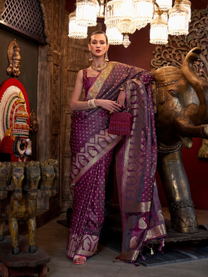 Rajwada Wine Satin Woven Saree With Unstitched Blouse For Women