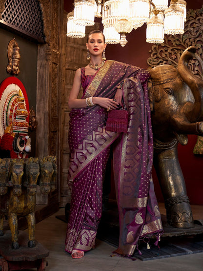 Rajwada Wine Satin Woven Saree With Unstitched Blouse For Women