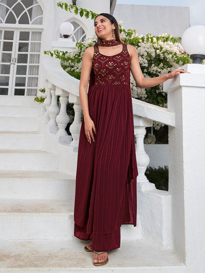 Rajwada Women Classic Embroidered Maroon Georgette Semi Stitched Gown