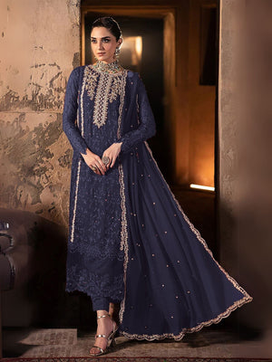 Rajwada Blue Georgette Embroidered Semi-Stitched Kurta Set For Women