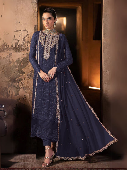 Rajwada Blue Georgette Embroidered Semi-Stitched Kurta Set For Women