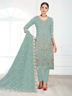 Rajwada Sky Blue Georgette Embellished Semi-Stitched Kurta Set For Women