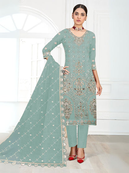 Rajwada Sky Blue Georgette Embellished Semi-Stitched Kurta Set For Women