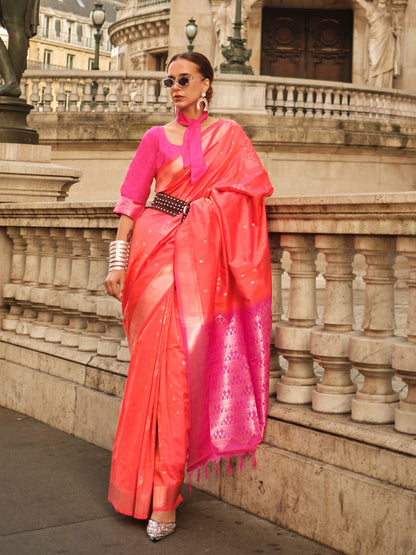 Rajwada Orange Soft Silk Woven Saree With Unstitched Blouse For Women