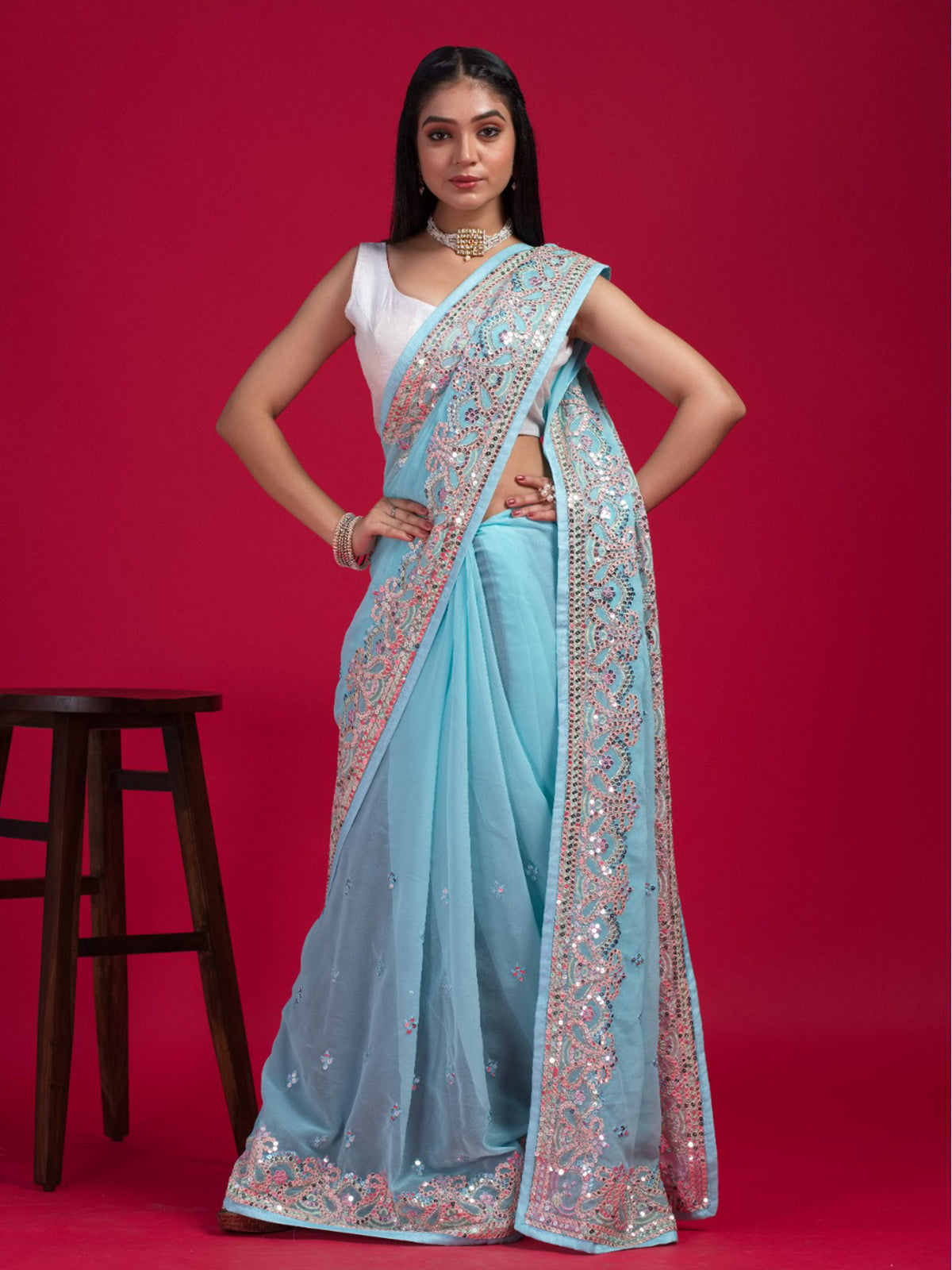 Rajwada - Blue Georgette Embroidered Saree with Unstitched Blouse