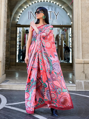 Rajwada Multicolor Satin Printed Saree With Unstitched Blouse For Women