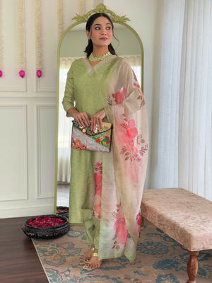 Rajwada Pista Green Silk Blend Embroidered Stitched Kurta Set For Women