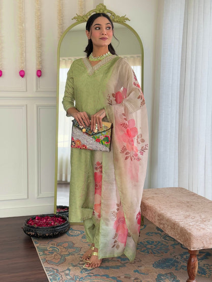 Rajwada Pista Green Silk Blend Embroidered Stitched Kurta Set For Women