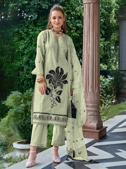 Rajwada Light Green Organza Embroidered Semi-Stitched Kurta Set For Women