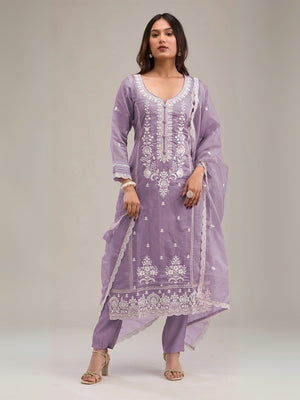 Rajwada Purple Cotton Blend Embroidered Semi-Stitched Kurta Set For Women