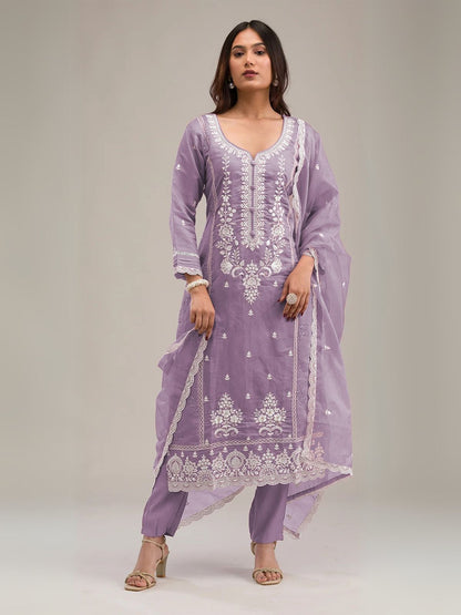 Rajwada Purple Cotton Blend Embroidered Semi-Stitched Kurta Set For Women