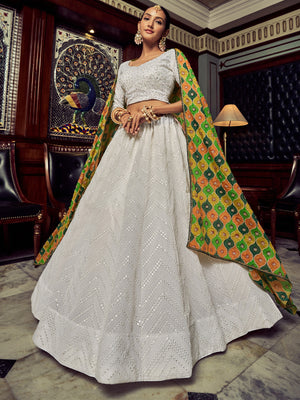 Rajwada Women White Embroidered Georgette Semi Stitched Lehenga With Blouse Piece