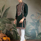 Rajwada Green Viscose Silk Embroidered Stitched Kurta For Men