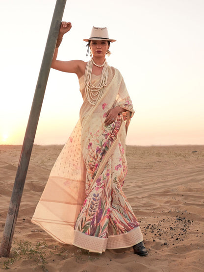 Rajwada Cream Linen Printed Saree With Unstitched Blouse For Women