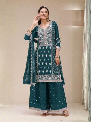 Rajwada Teal Blue Georgette Embroidered Semi Stitched Kurta Set For Women