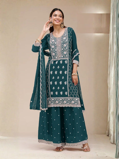 Rajwada Teal Blue Georgette Embroidered Semi Stitched Kurta Set For Women