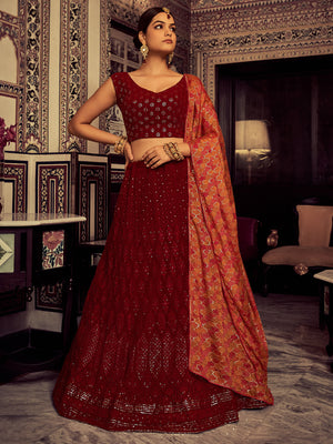 Rajwada Women Stylish Maroon Embroidered Georgette Semi Stitched Lehenga With Blouse Piece