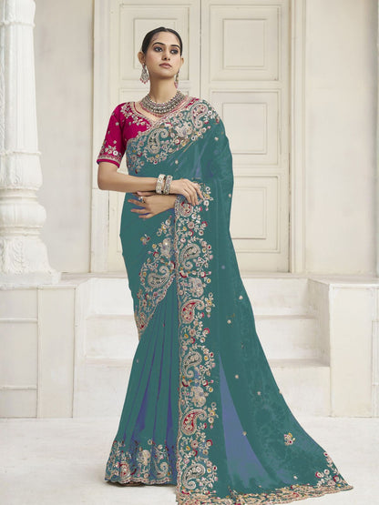 Rajwada Green Satin Embroidered Saree For Women