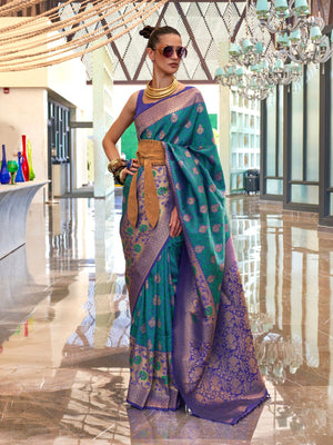 Rajwada Green Silk Blend Woven Saree With Unstitched Blouse for Women