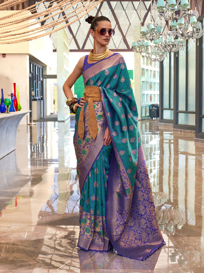 Rajwada Green Silk Blend Woven Saree With Unstitched Blouse for Women