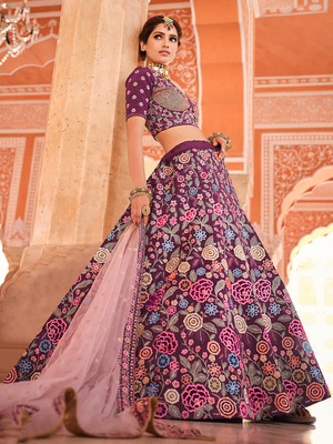Rajwada Women Purple Crepe Semi Stitched Lehenga With Unstitched Blouse