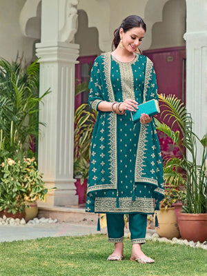 Rajwada Teal Georgette Embroidered Semi-Stitched Kurta Set For Women